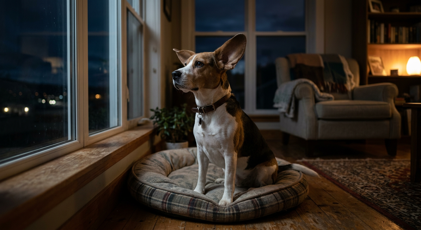 A Beagle sitting alert on a dog bed in a dark living room at night.