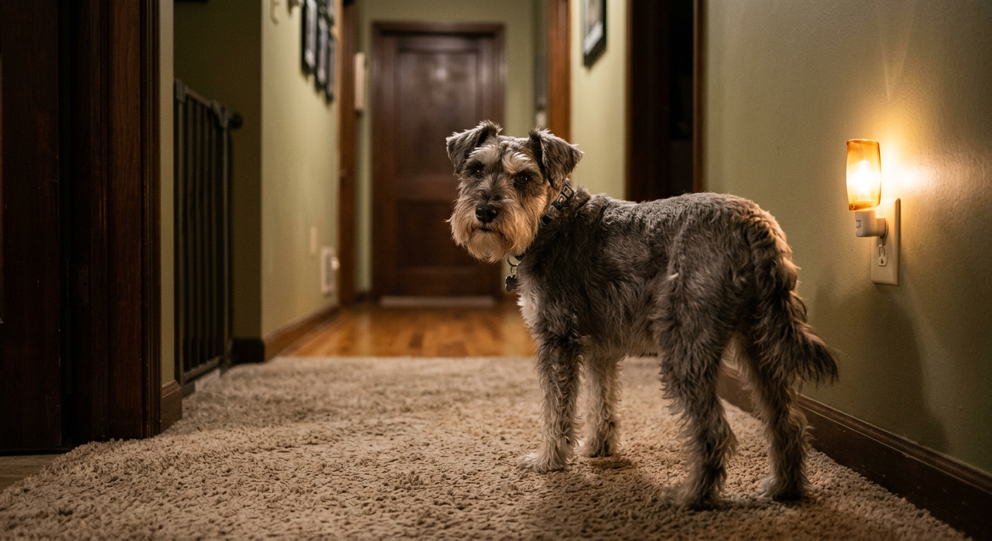 A senior Schnauzer standing in a hallway looking slightly confused at night.