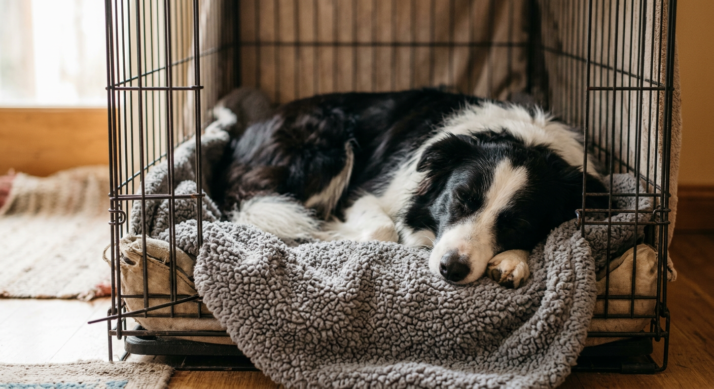 A Border Collie resting peacefully in a crate with a soft blanket.