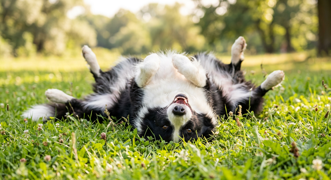 A happy Border Collie lying on its back in green grass showing its belly.