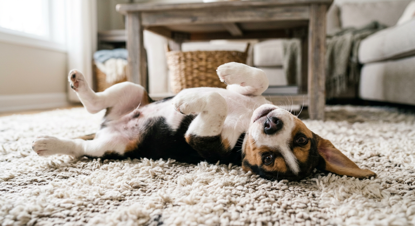 A playful Beagle rolling over on a soft rug in a sunny living room.