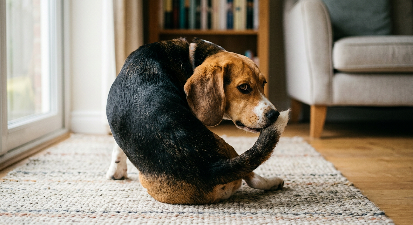 A concerned Beagle focusing on and biting the area where its tail meets its back indoors.