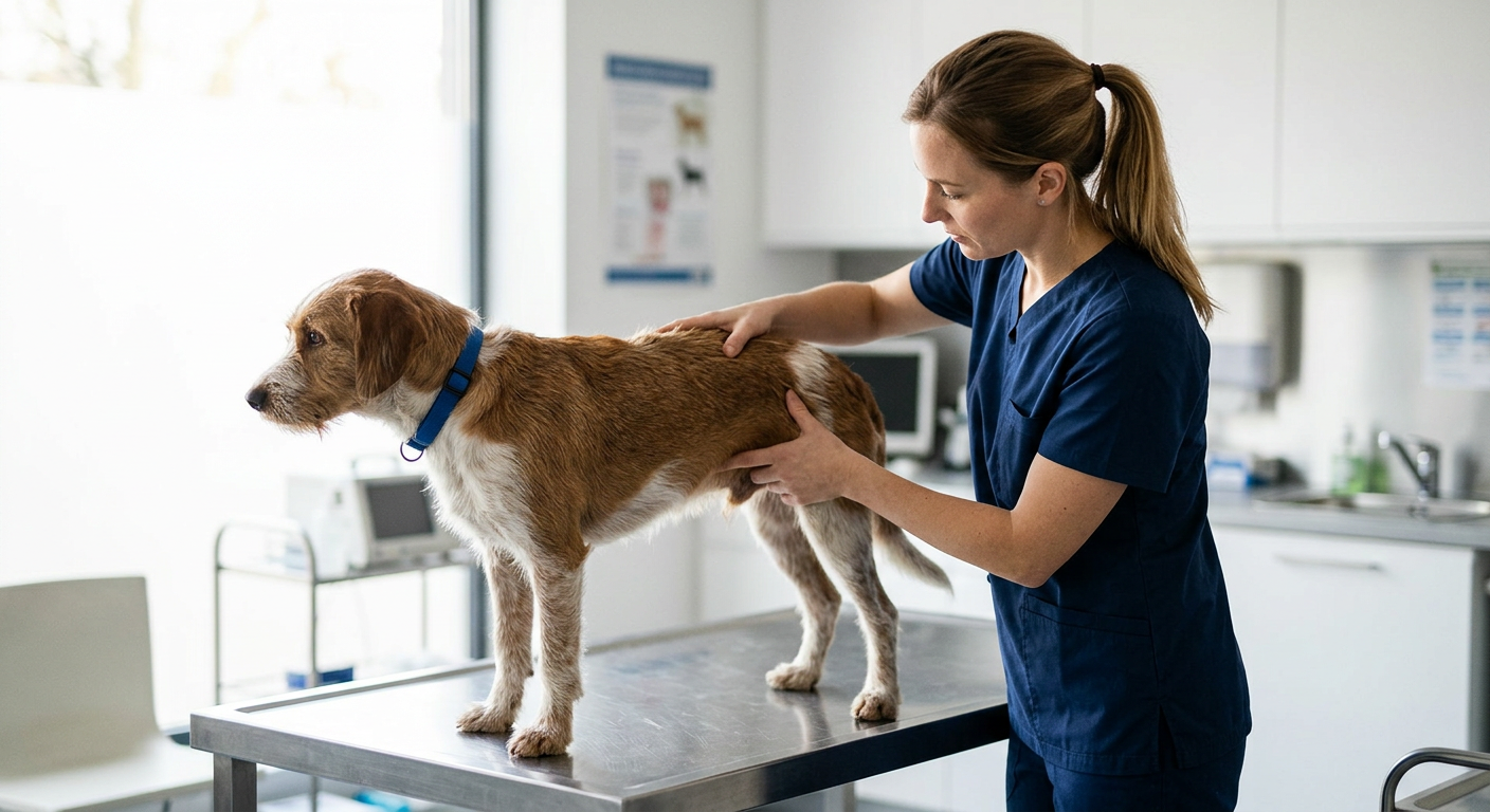 A gentle veterinarian examining a Jack Russell Terrier on a clinical table in a bright clinic.