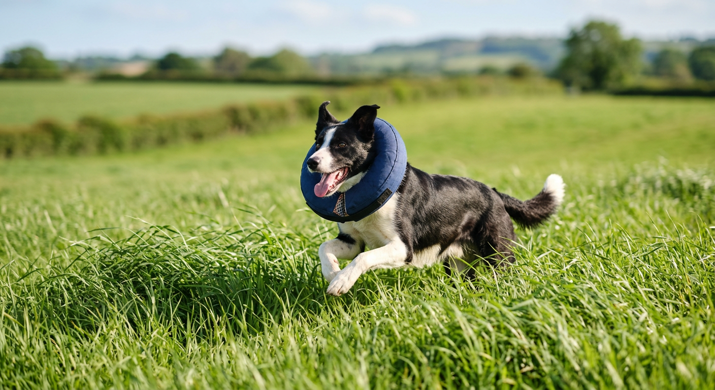 A happy Border Collie wearing a soft blue recovery collar running in a green yard.