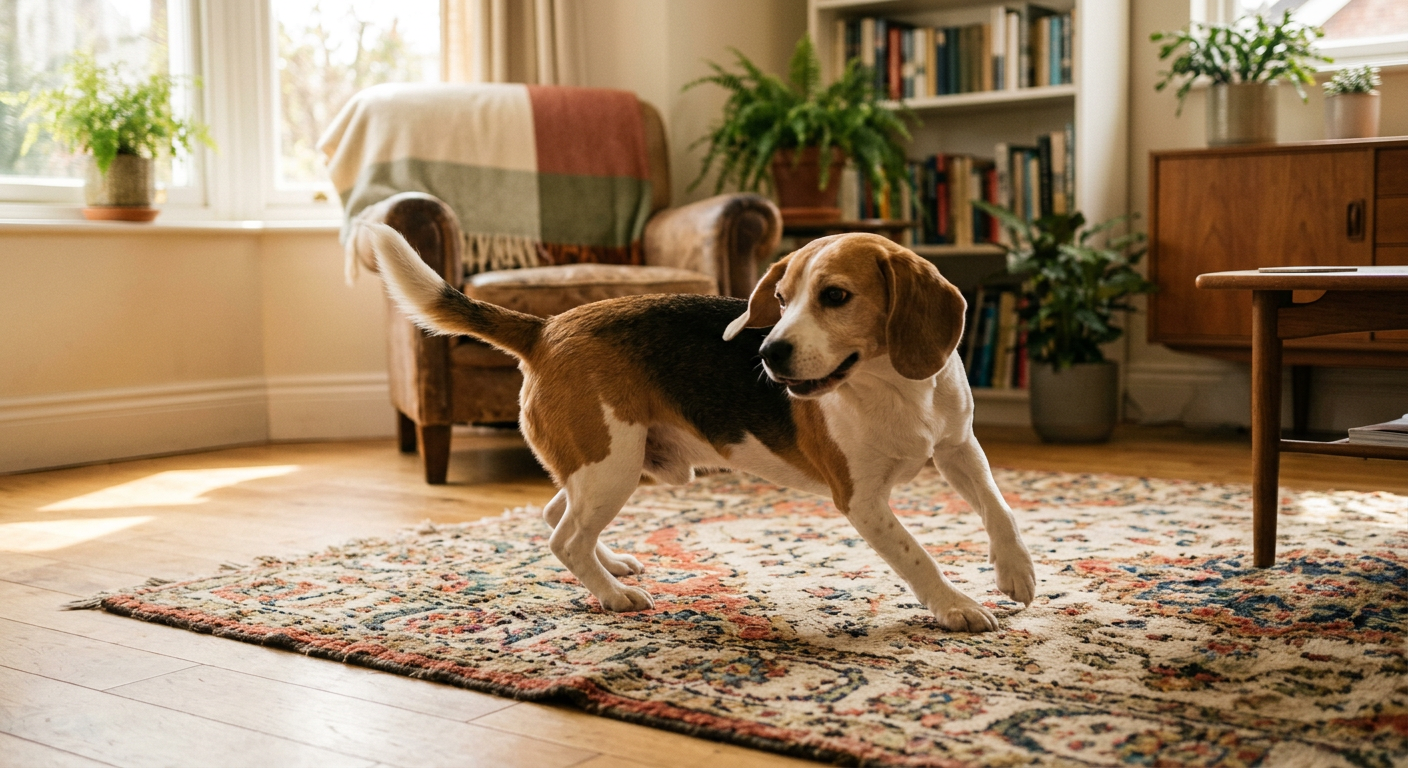 A Beagle dog spinning in a tight circle on a soft rug in a sunlit living room.