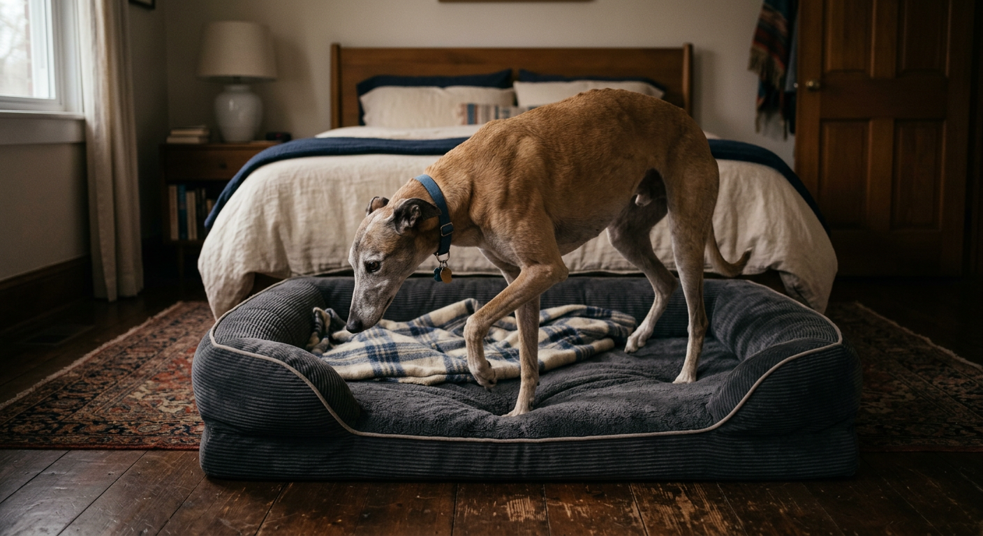 An older Greyhound dog slowly circling a large orthopedic dog bed in a quiet bedroom.