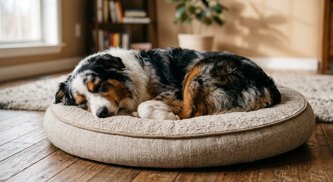 A happy Australian Shepherd curled up and sleeping soundly on a round dog bed.