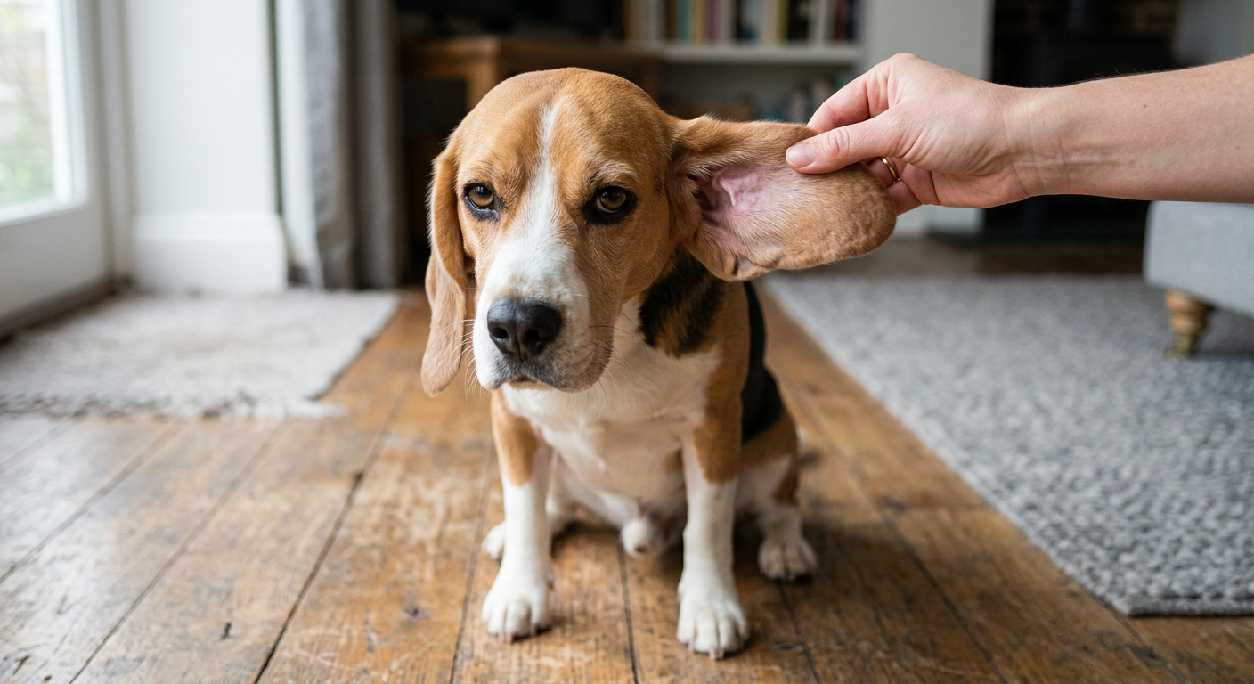 A brown Beagle sitting calmly while a person gently lifts its floppy ear to inspect the clean interior.
