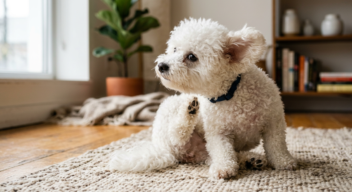 A white Bichon Frise scratching its ear with its hind leg in a bright living room.
