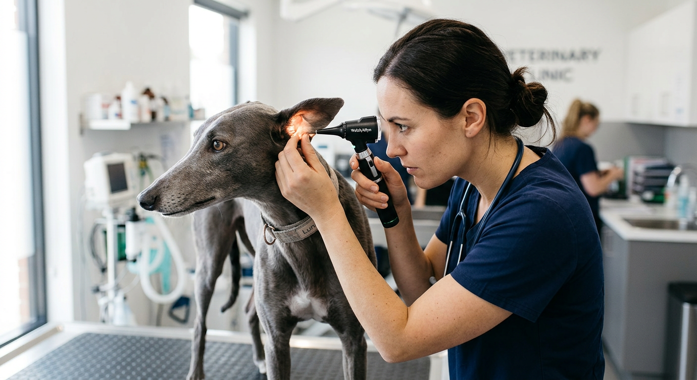 A veterinarian using an otoscope to check the ear of a calm Greyhound in a clinic.