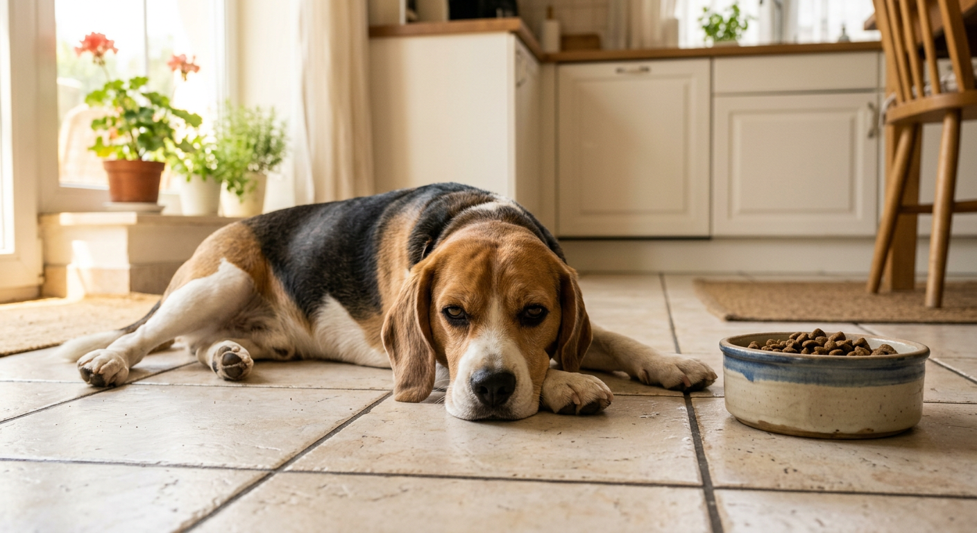 A Beagle lying on a cool kitchen floor during summer with a half-full food bowl nearby.