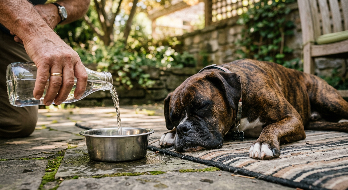A person adding fresh water to a dog's bowl next to a sleeping Boxer.