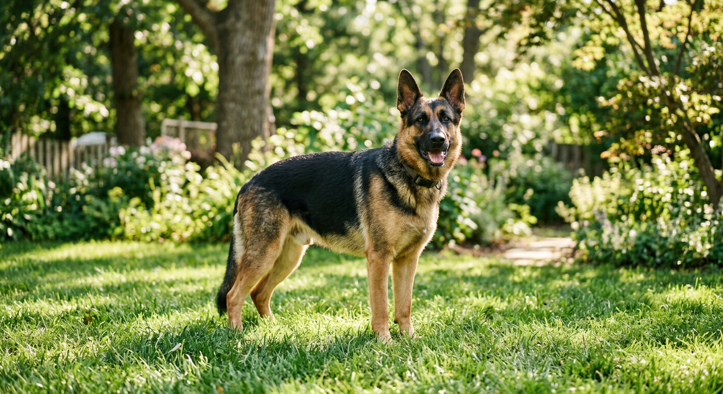 A healthy German Shepherd standing in a garden looking alert despite the warm weather.