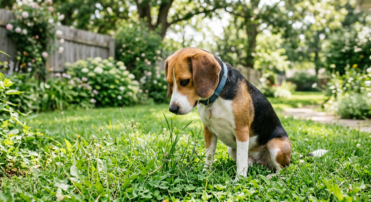 A confused Beagle sitting in a green backyard looking at the grass during a sunny afternoon.