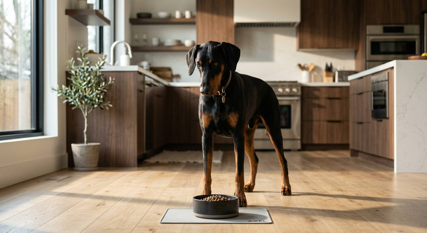 A Doberman Pinscher looking at a bowl of food in a modern kitchen, representing nutritional needs.
