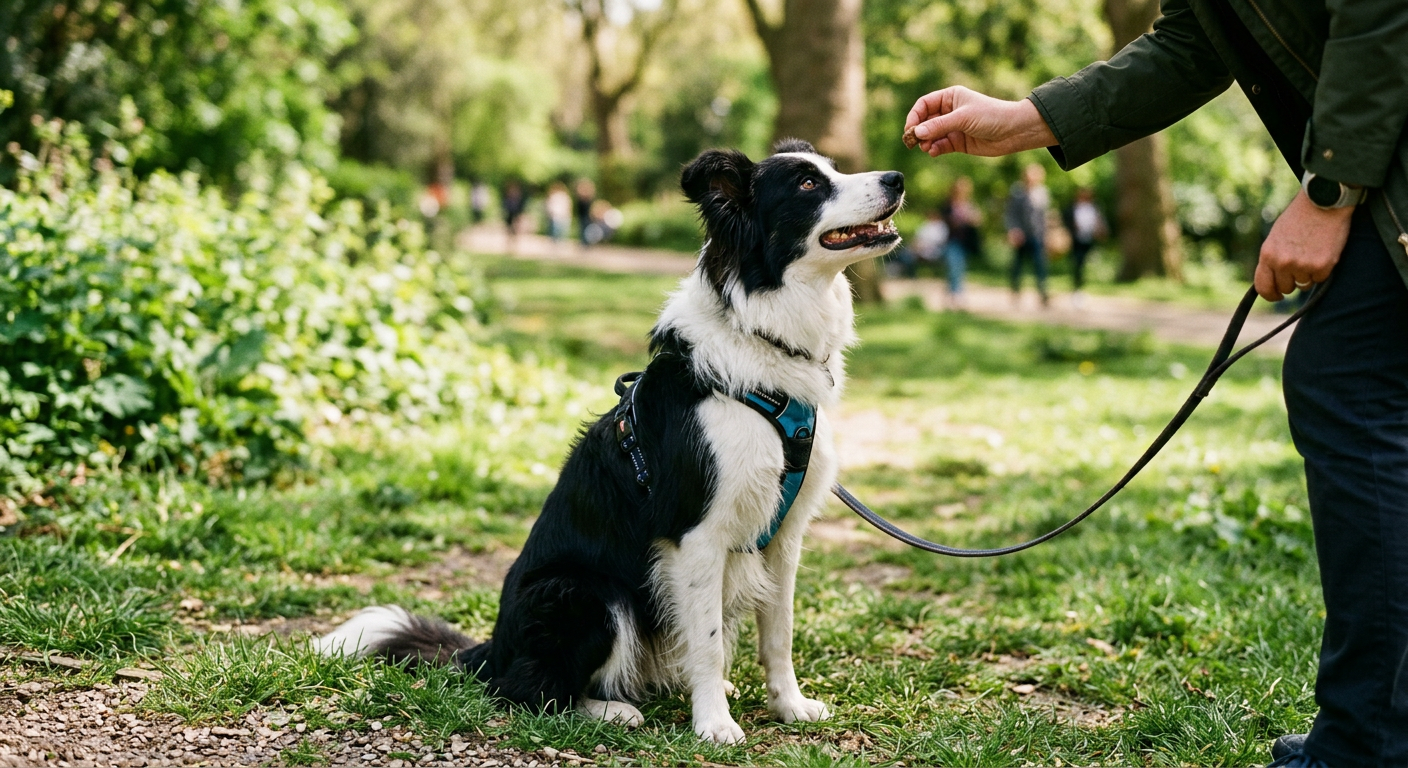 A person rewarding a Border Collie with a treat in a park during a training session.