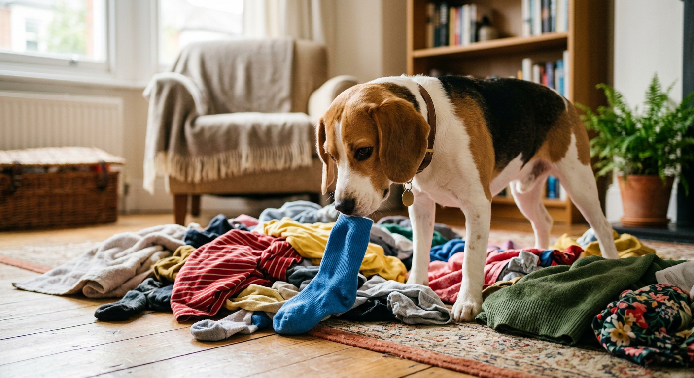 A curious Beagle sniffing a pile of laundry on a bedroom floor with a playful expression.