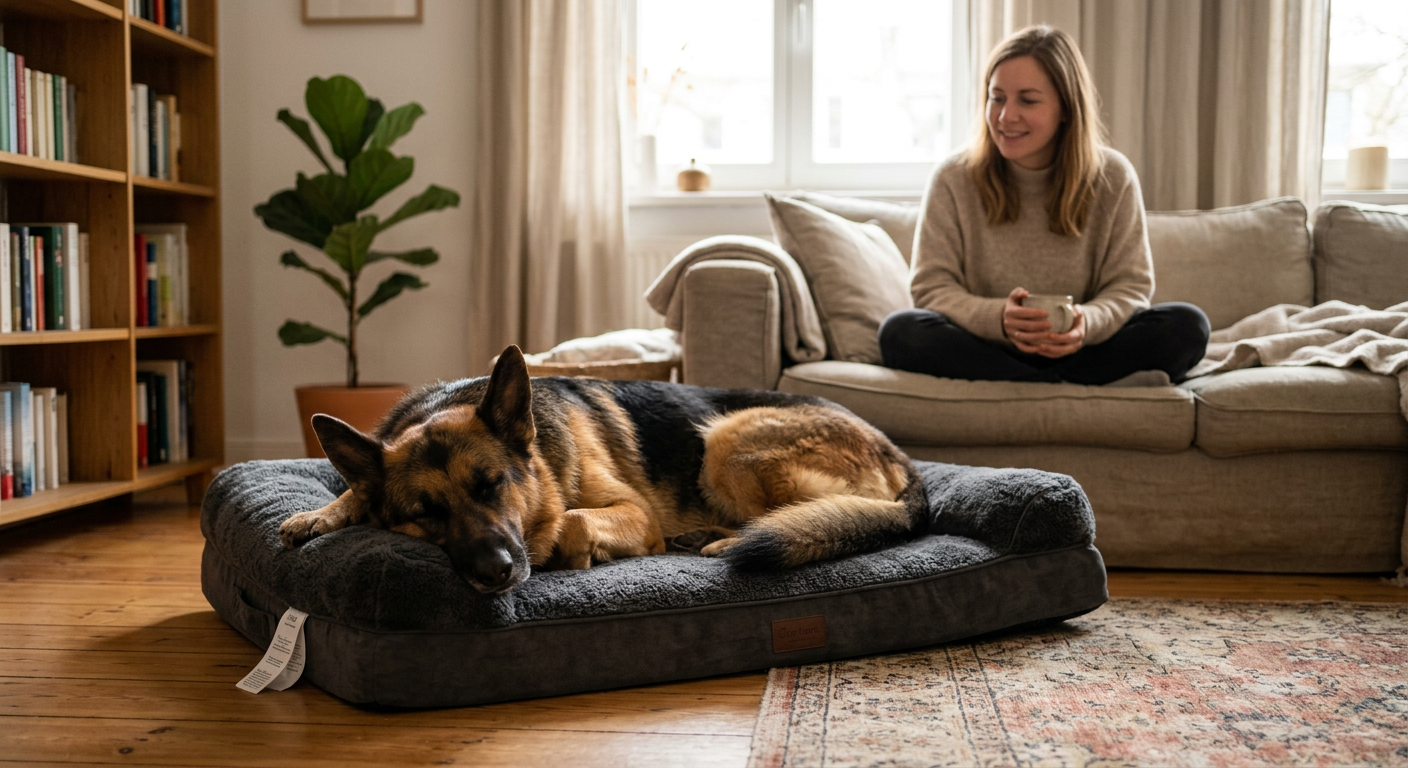 A concerned owner observing a calm German Shepherd resting on a dog bed indoors.