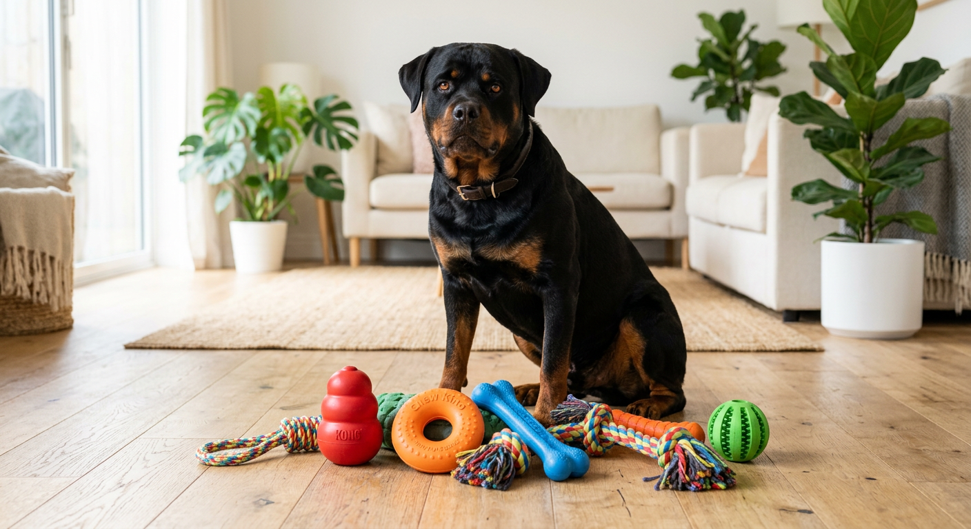 An assortment of durable rubber and rope dog toys laid out on a wooden floor.