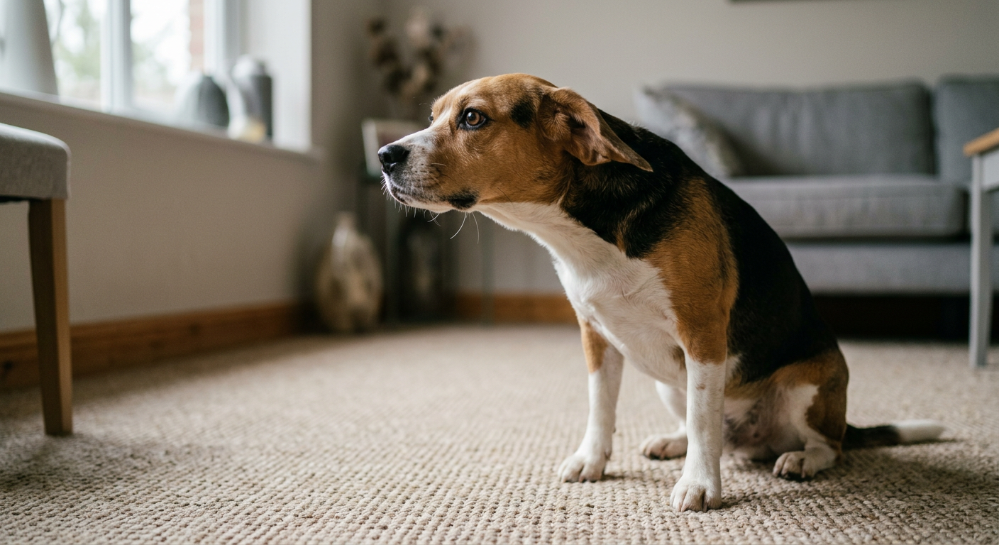 A worried Beagle dog sitting on a living room rug, stretching its neck and appearing to gulp air.