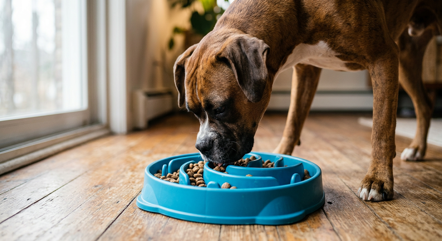 A Boxer dog eating from a specialized blue slow-feeder bowl to prevent air gulping.