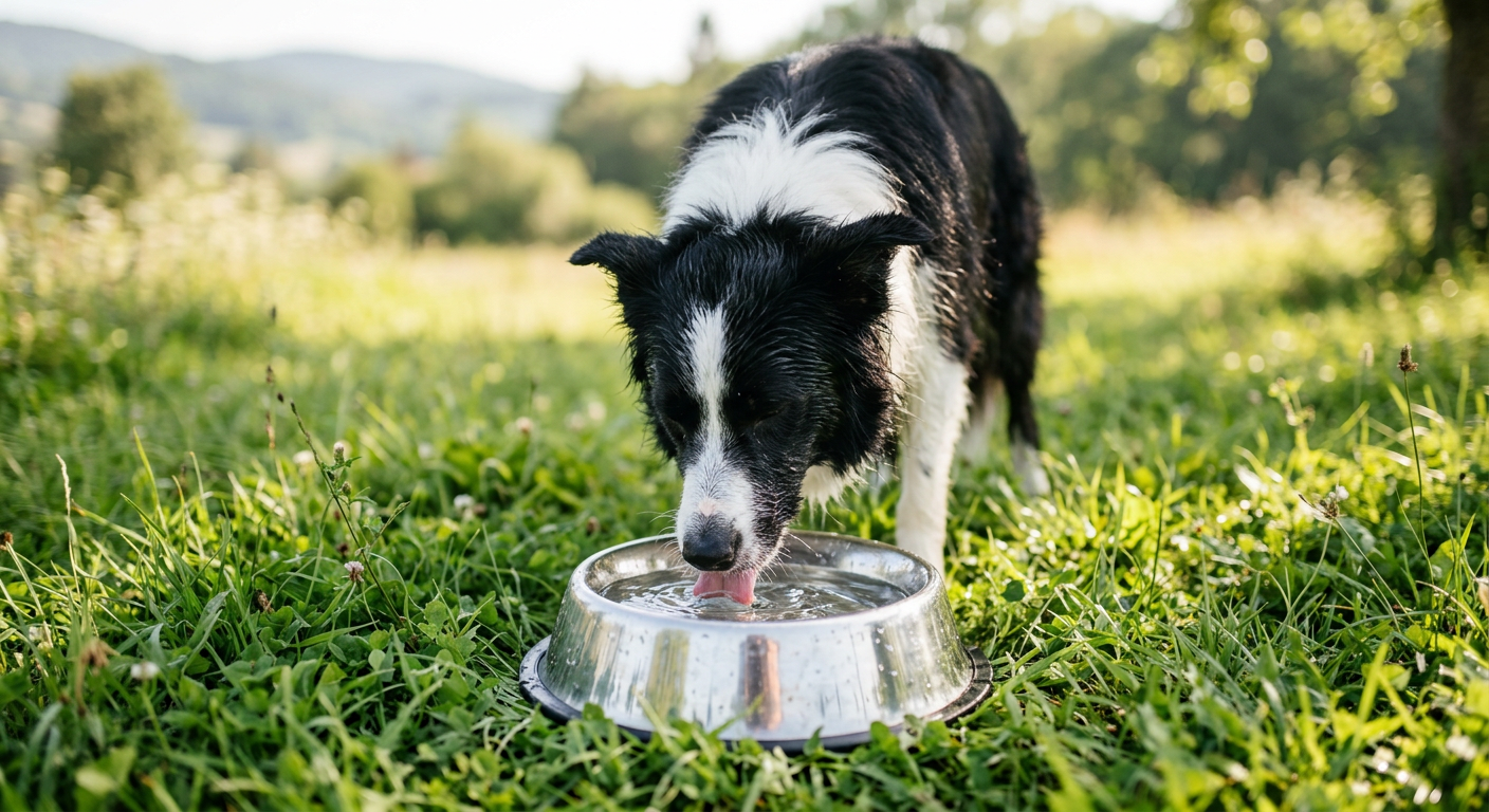 A thirsty Border Collie drinking water from a stainless steel bowl outdoors in a park.