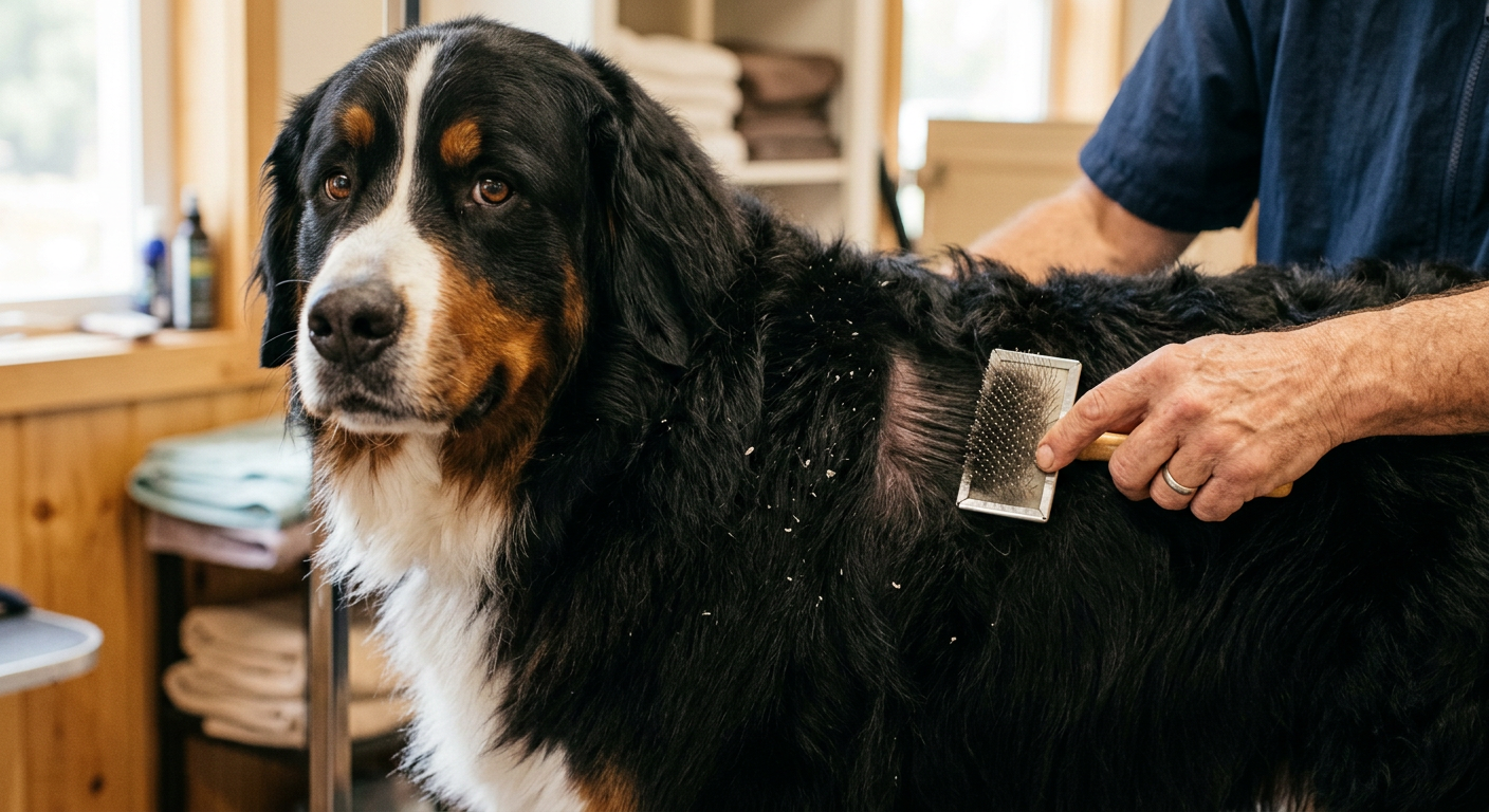 A professional groomer brushing a fluffy Bernese Mountain Dog to remove visible white flakes from its dark coat.