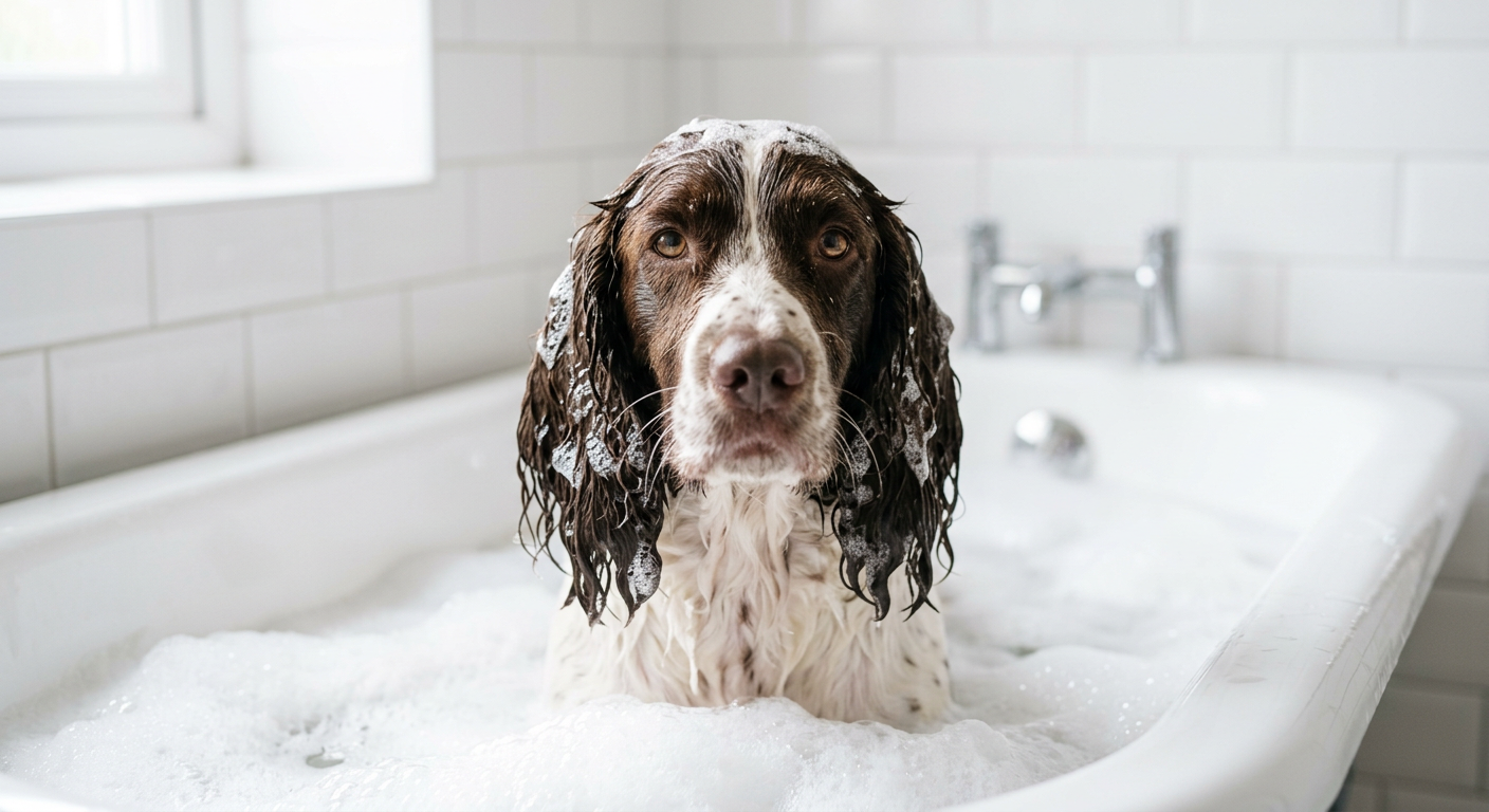 An English Springer Spaniel getting a bath with specialized medicated shampoo to treat skin flaking.