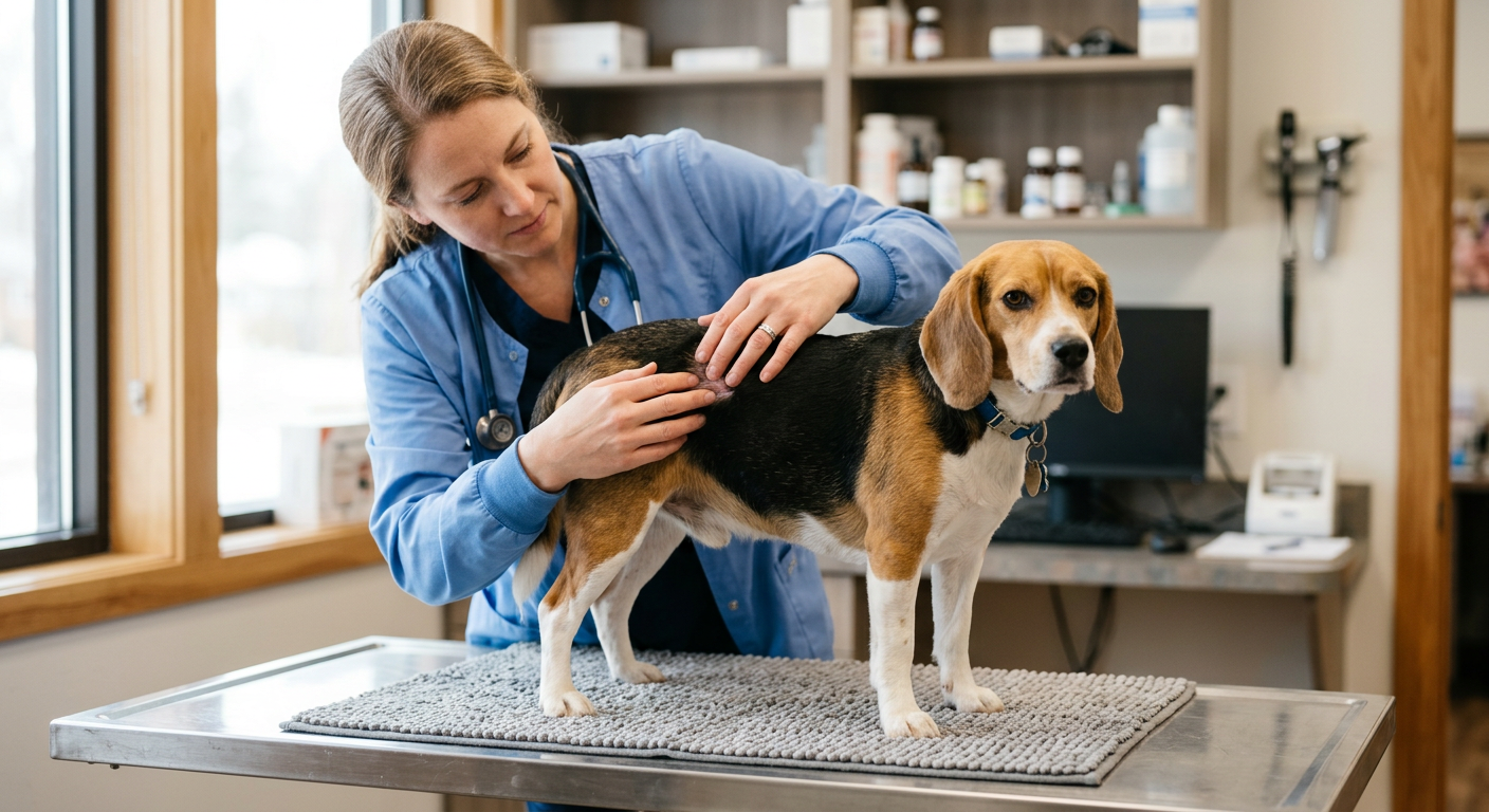 A veterinarian examining the coat and skin of a Beagle during a routine wellness checkup.