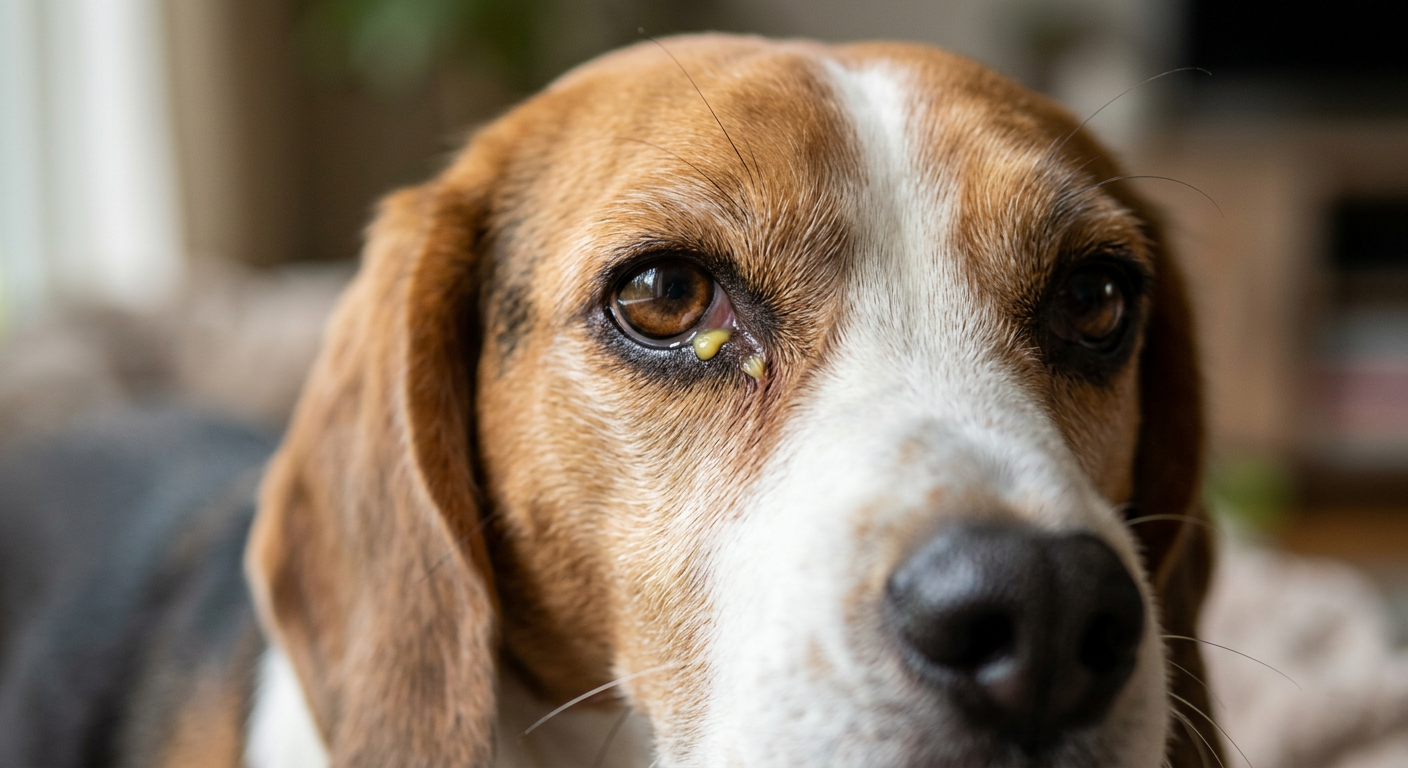 A close-up of a Beagle's eye with mild yellow discharge in the corner, looking concerned.