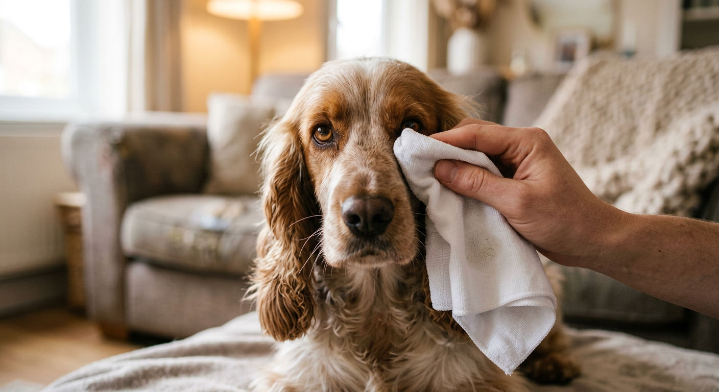 A person using a soft white cloth to gently clean a Cocker Spaniel's eye area.
