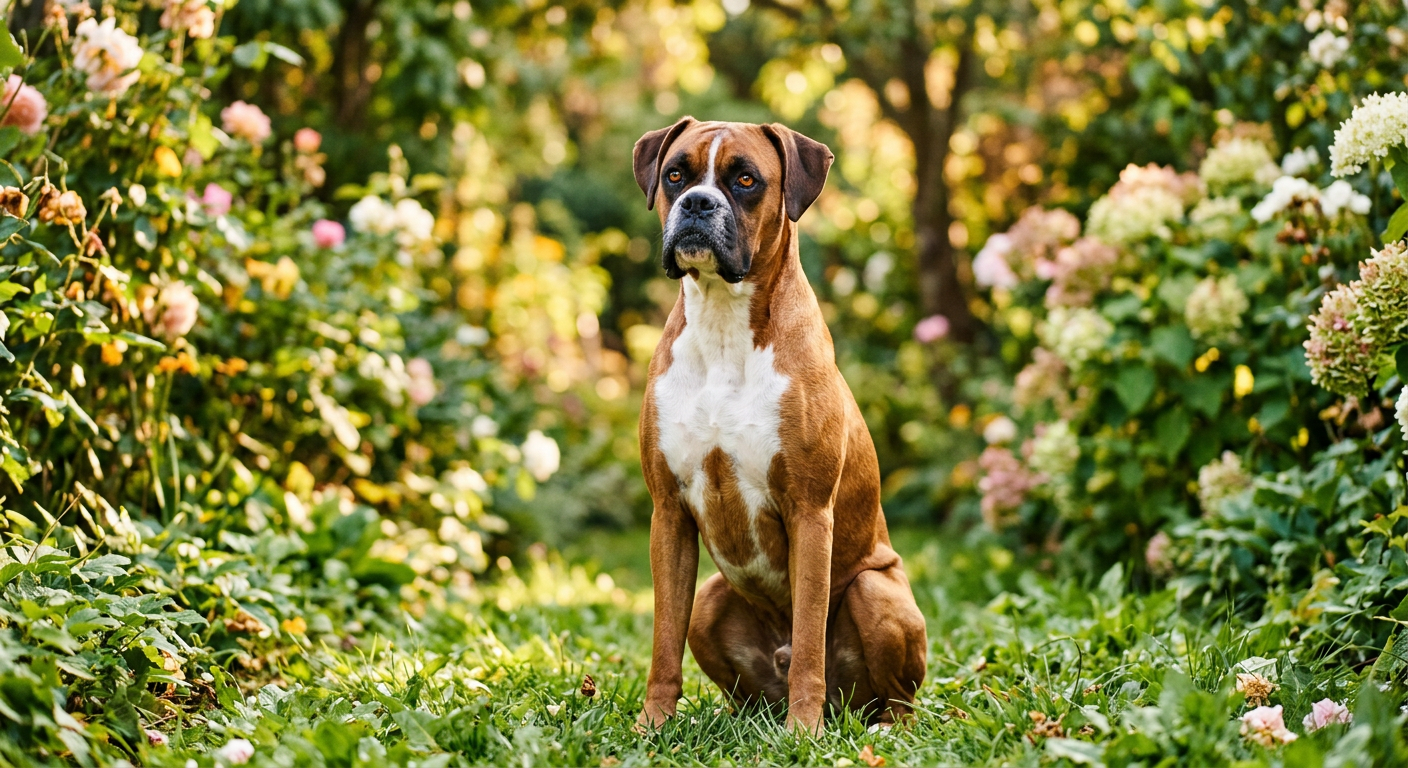 A healthy Boxer dog sitting in a sunny garden with clear, bright eyes.