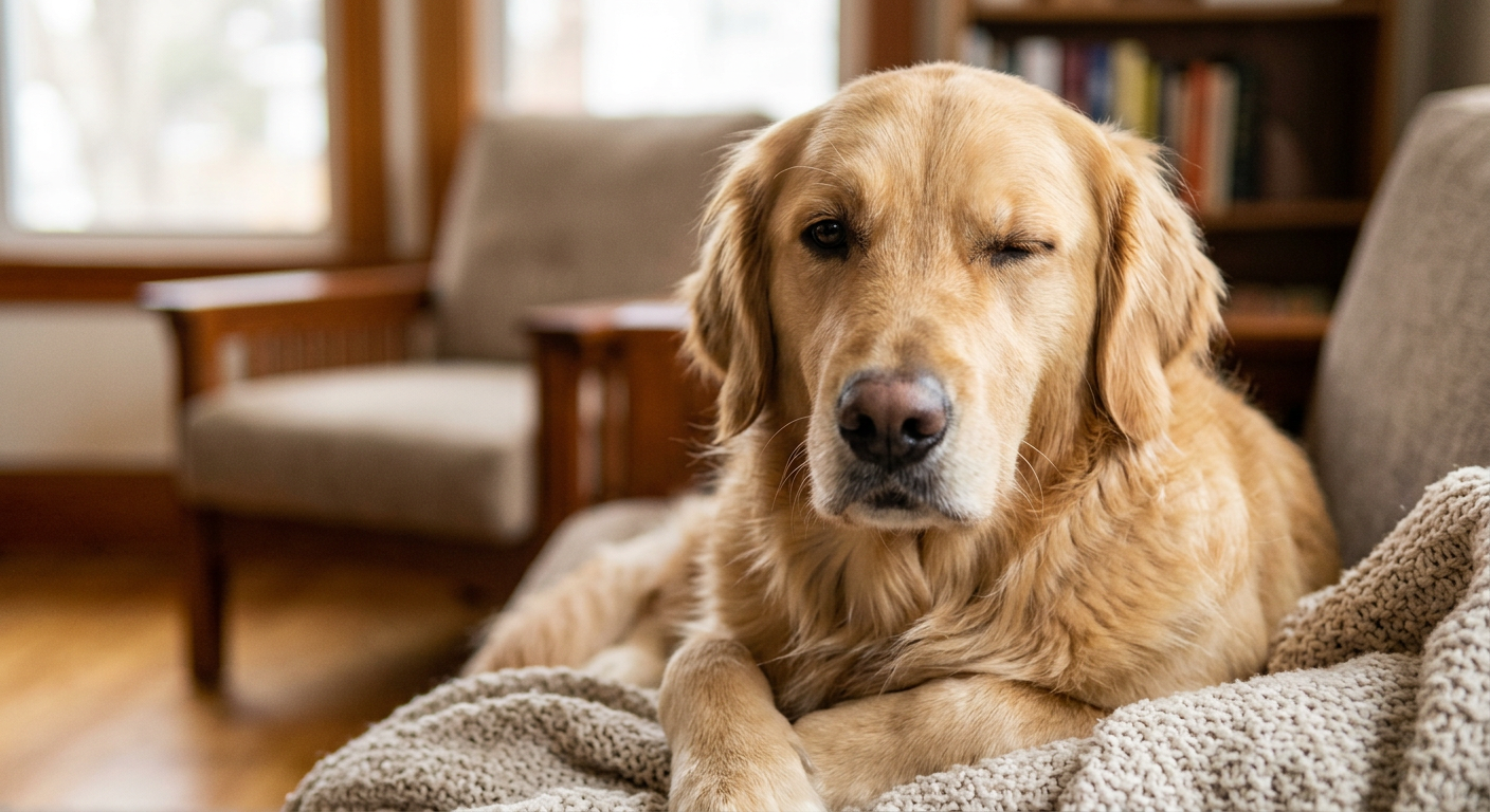 A close up of a calm Golden Retriever sitting indoors with one eye gently closed and one eye open.