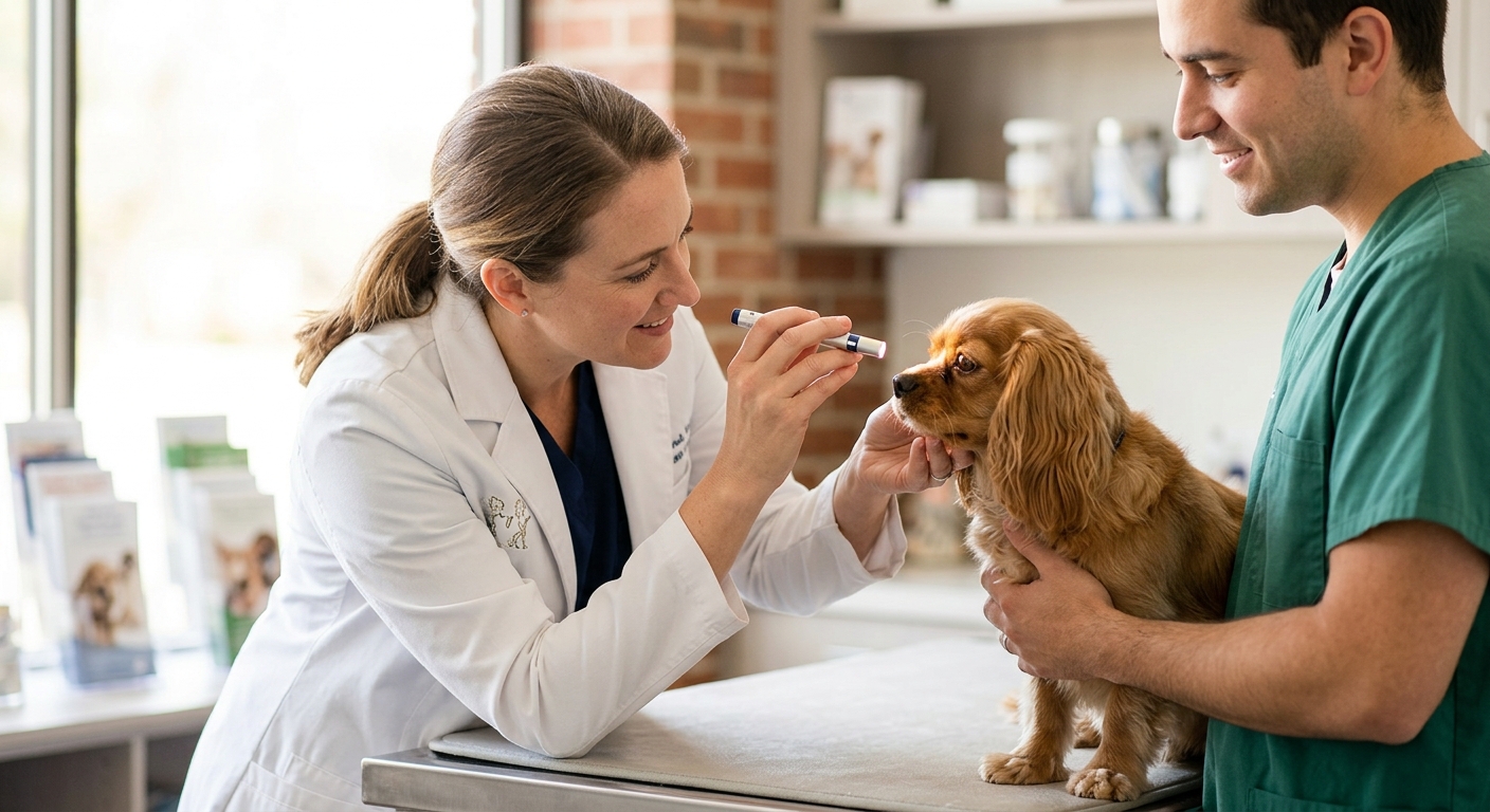 A veterinarian performing a gentle eye exam on a small dog in a professional clinic setting.