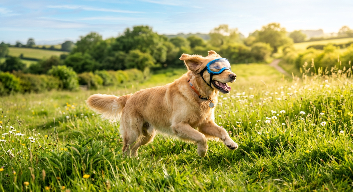 A happy dog wearing protective dog goggles while playing outside in a grassy field.