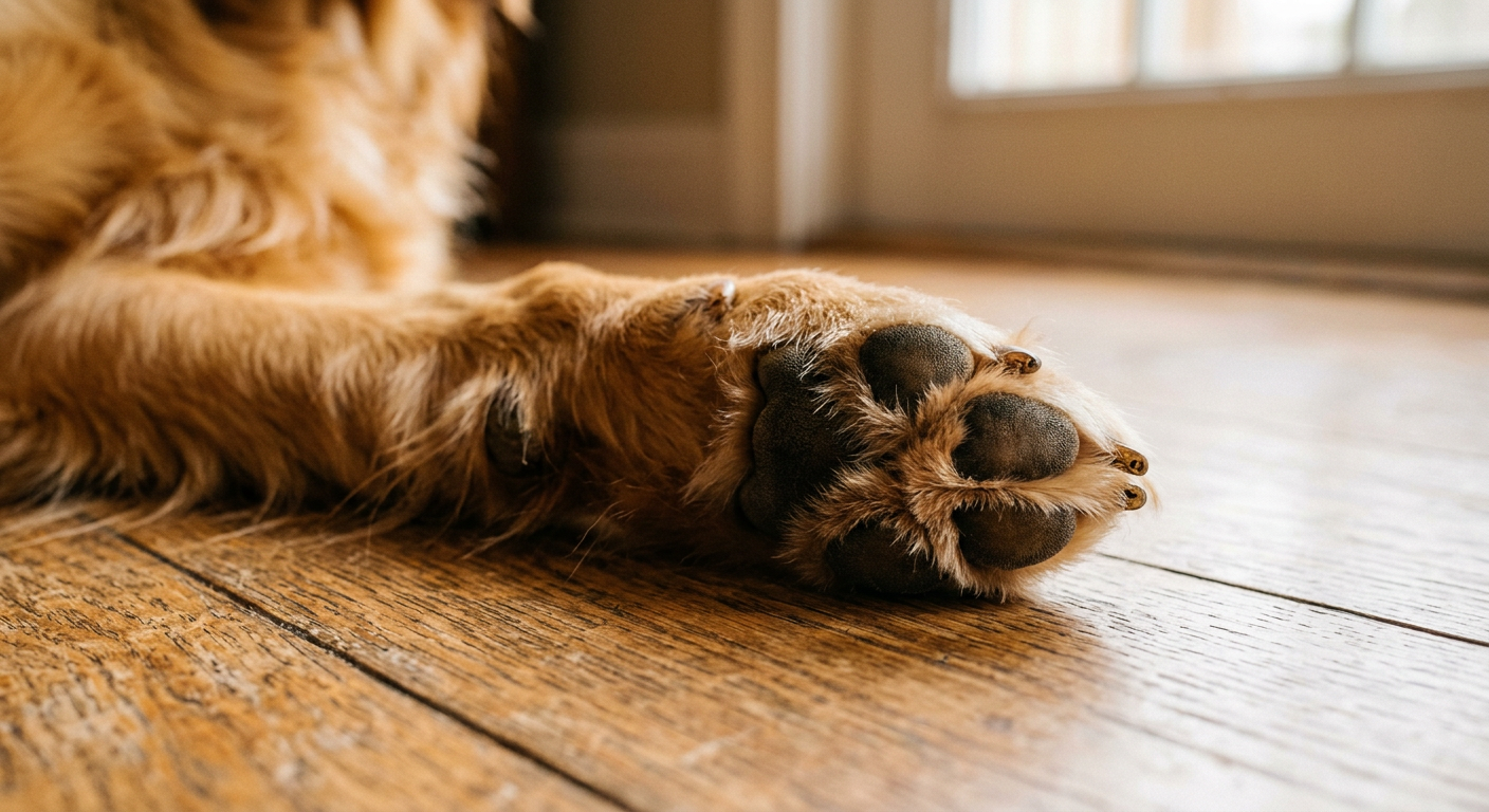 A close up of a dog's paw resting on a clean floor showing healthy skin between toes.