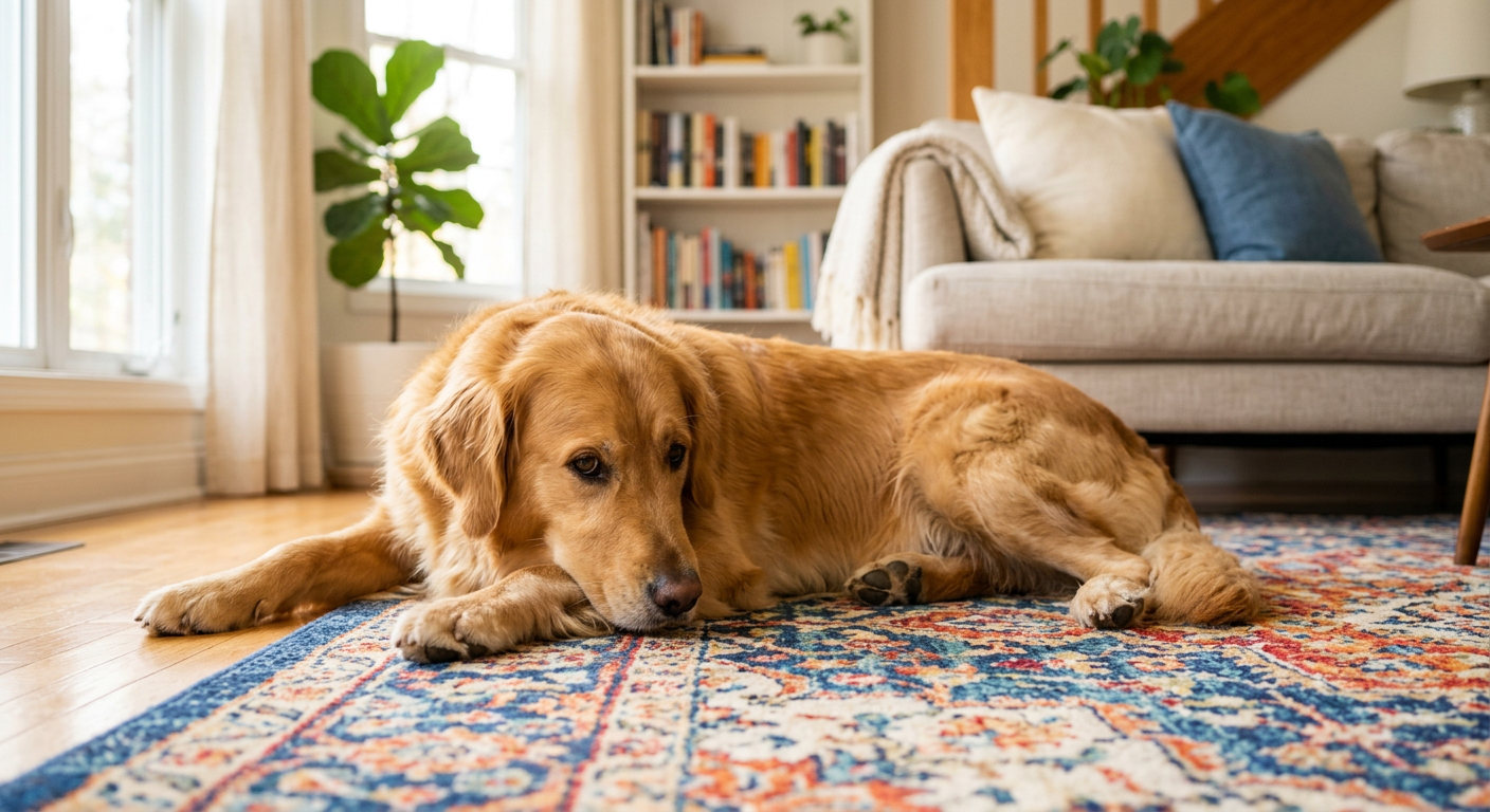 A bored dog lying on a rug looking at its front paw while resting in a sunny living room.