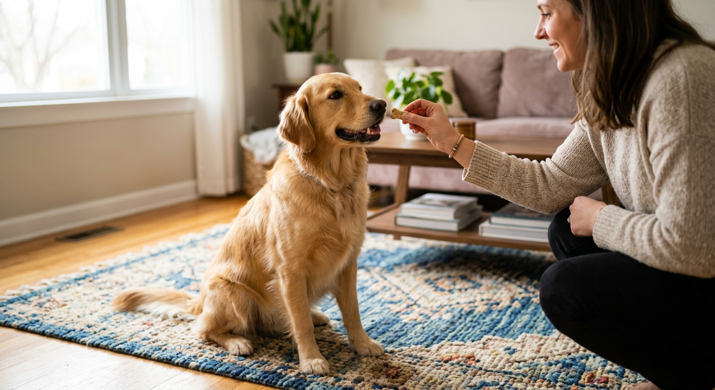 A pet owner offering a treat to a dog to redirect its attention from licking its paw.