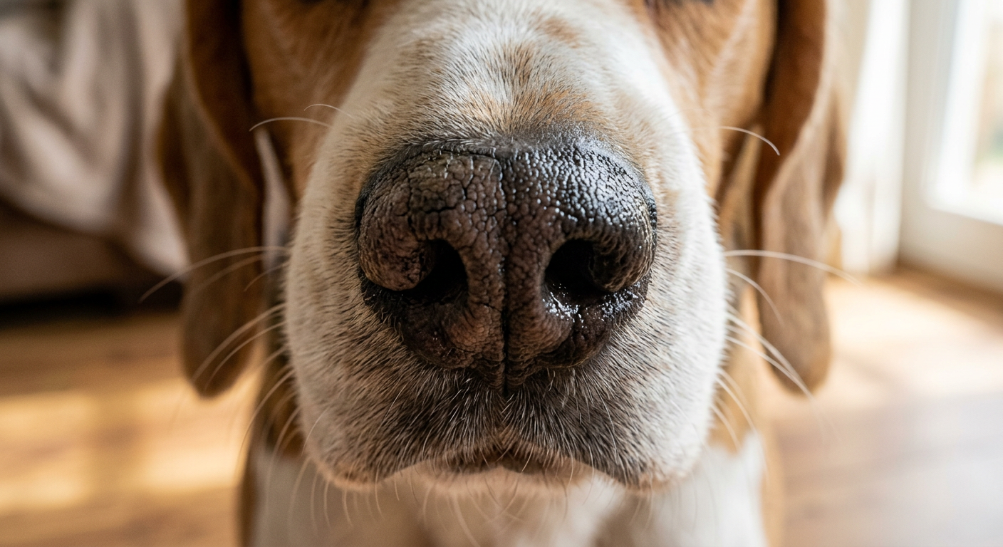 A close-up of a Beagle's nose showing dryness and mild cracking on the left side while the right side remains moist.