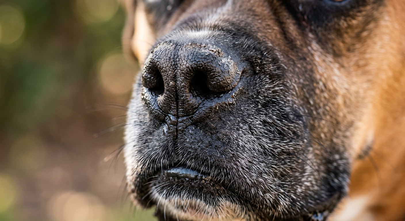 A Boxer dog's face with a focus on the snout and nose leather in high detail.