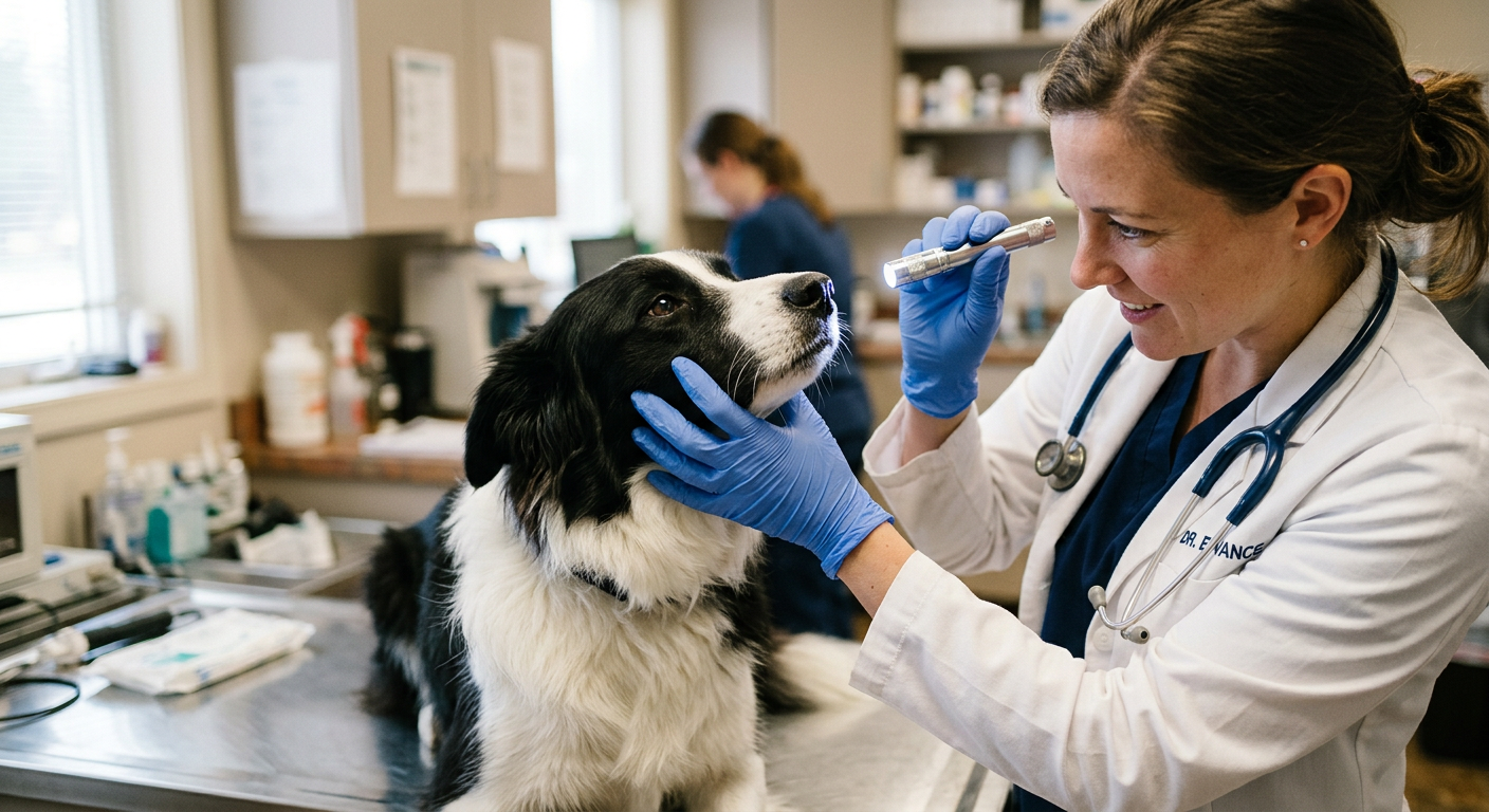A veterinarian gently examining the nose of a Border Collie in a bright clinic.