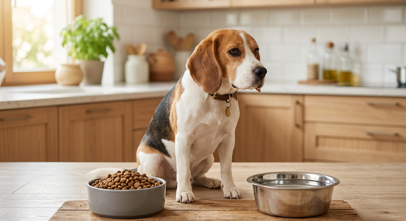 A concerned Beagle sitting next to a full food bowl but looking at a water dish in a sunny kitchen.