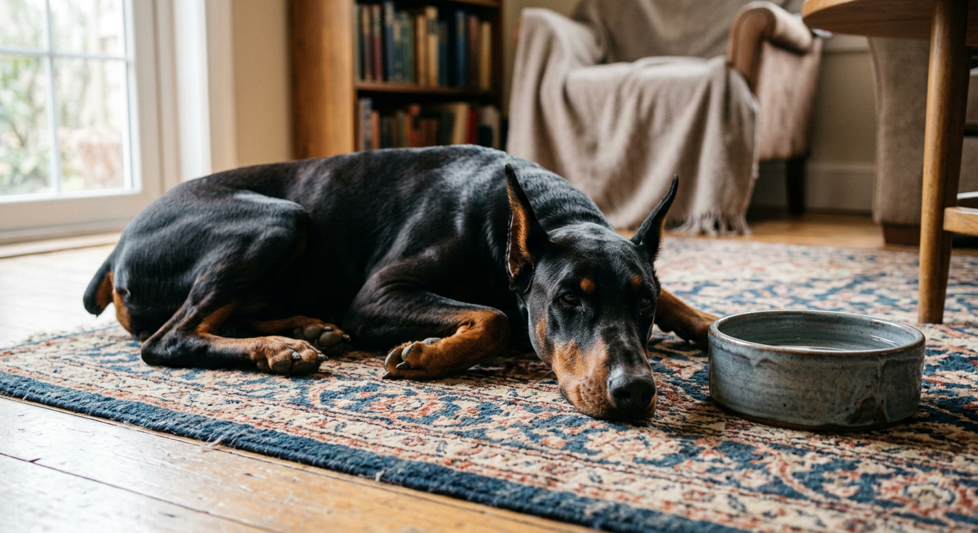 A senior Doberman Pinscher resting on a rug with a water bowl nearby.