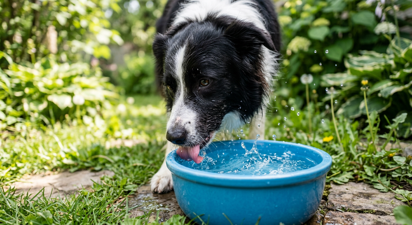 Close up of a Border Collie drinking water from a blue bowl outdoors.