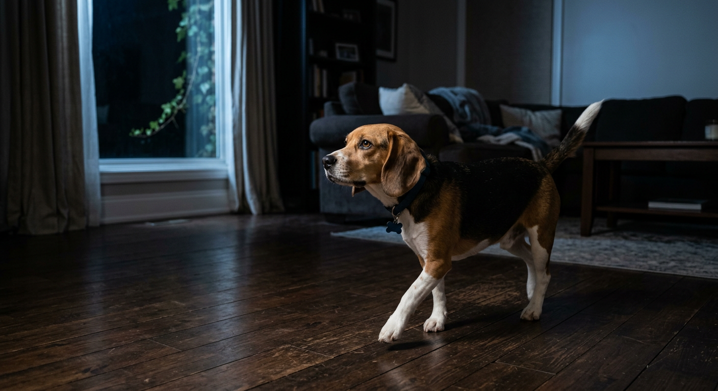 A restless Beagle dog walking across a dark hardwood floor in a dimly lit living room at night.
