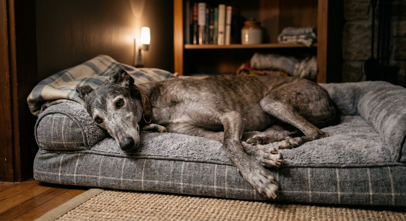 A senior Greyhound resting comfortably on a thick grey orthopedic bed in a cozy room.