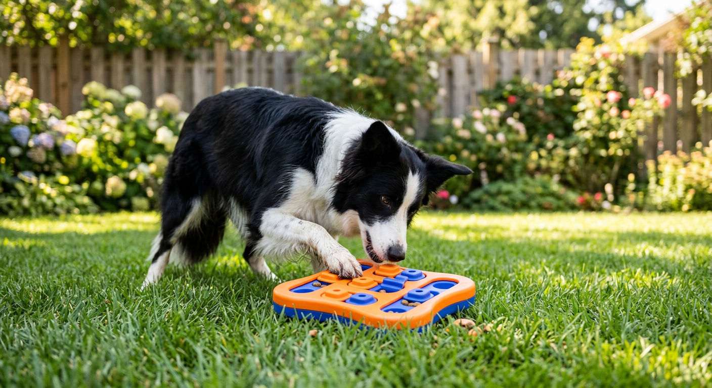 A Border Collie playing with a colorful puzzle toy in a sunlit backyard during the day.