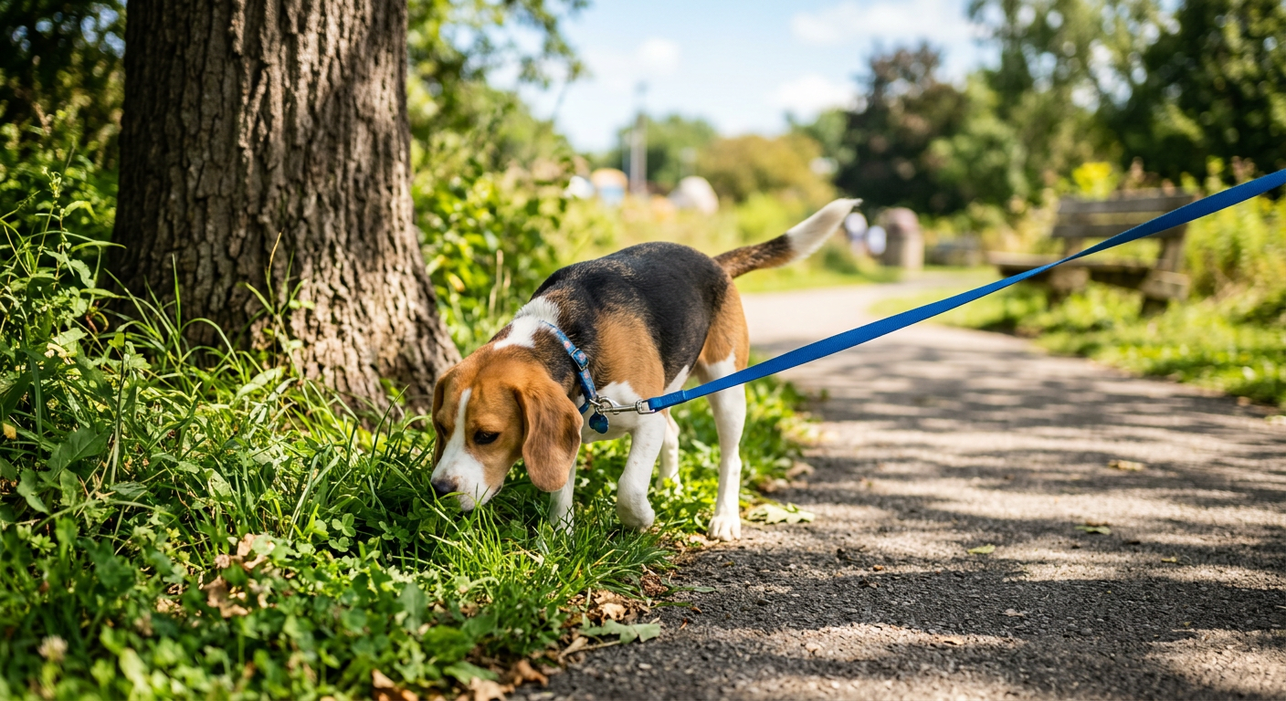 A Beagle walking on a leash in a suburban park, looking back after finishing its first bathroom break.