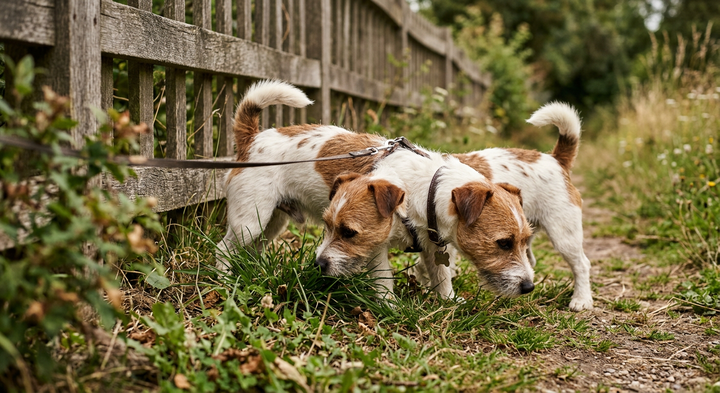 A Jack Russell Terrier sniffing a patch of grass intensely while on a walk in a neighborhood.