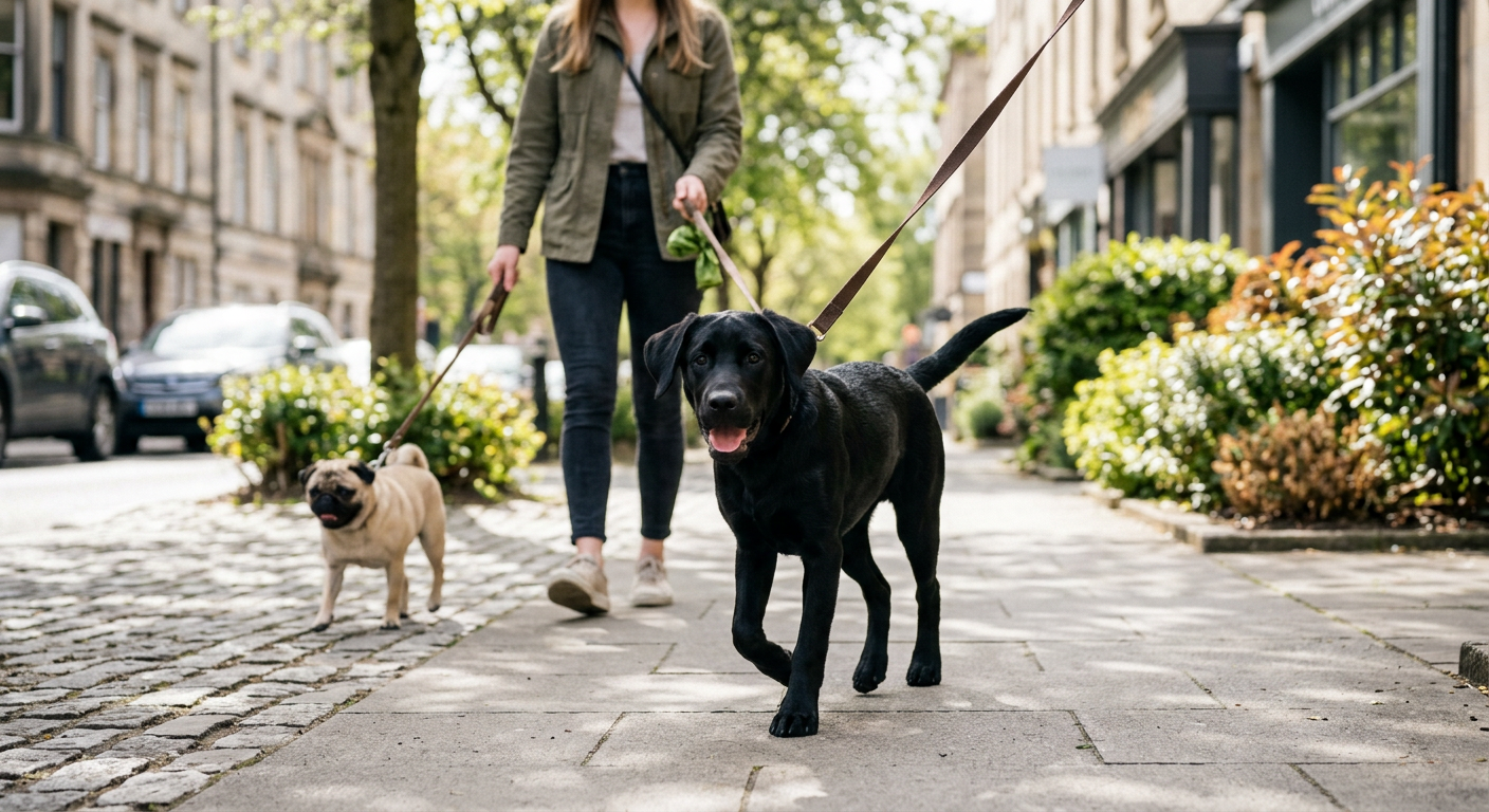 A woman walking a Pug on a city sidewalk, holding a waste bag and looking down at the dog.